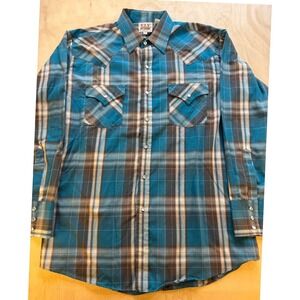Ely Cattleman Mens Large Plaid Western Pearl Snap Shirt Teal Brown Long Sleeve